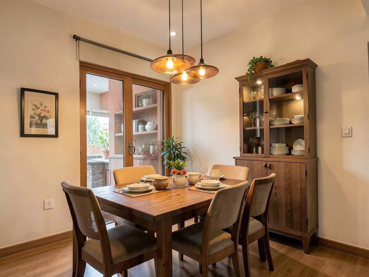 Dining space interior with pendant lighting and a wooden crockery unit