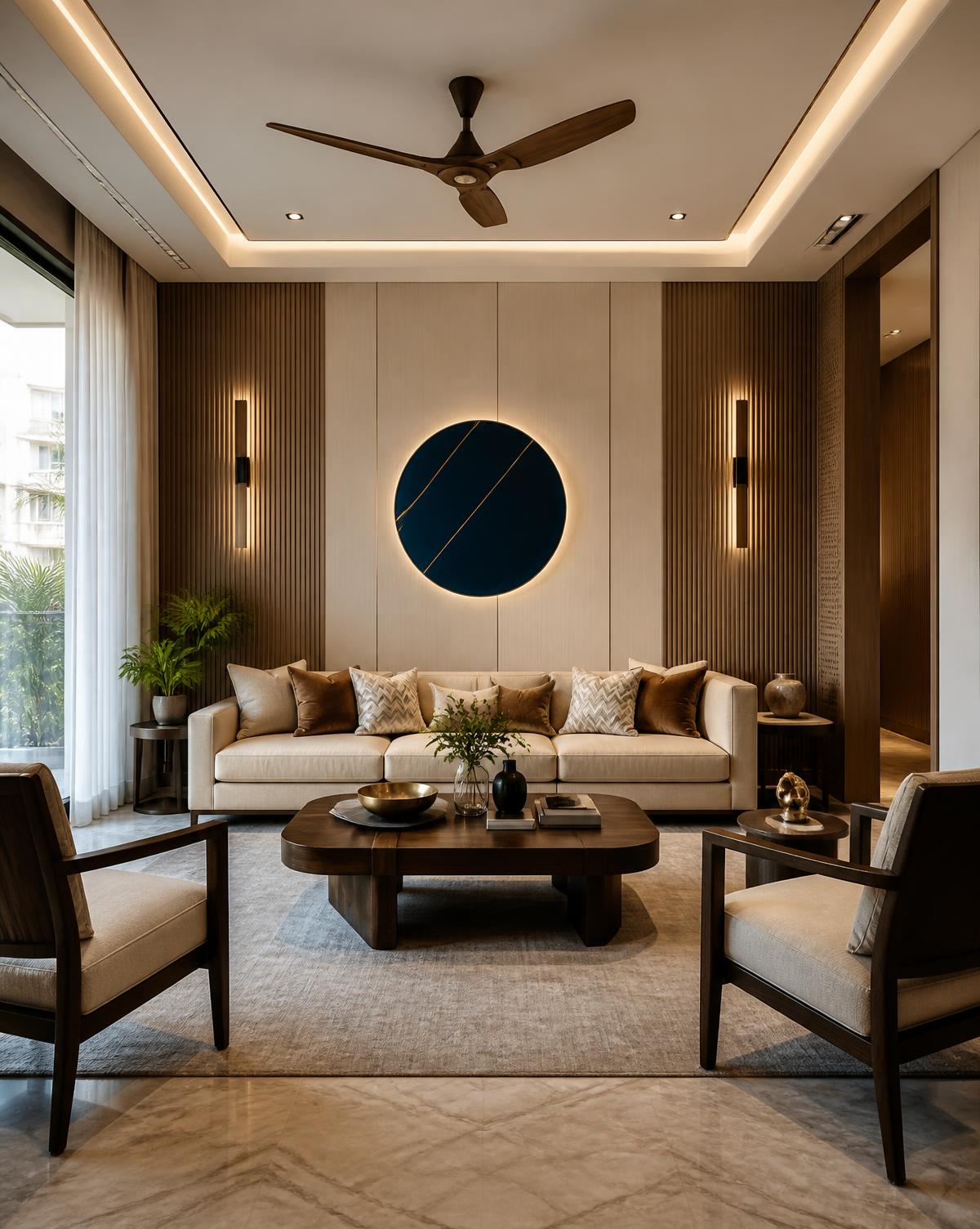 Living room interior by SSK Interior Decors with wood paneling and cove lighting